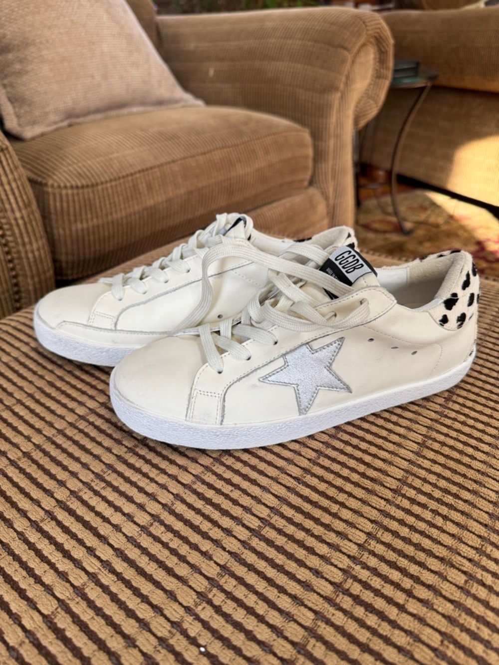 Golden Goose Cream Sneakers with Silver Star and Leopard Heel Accent - Picture 2 of 5